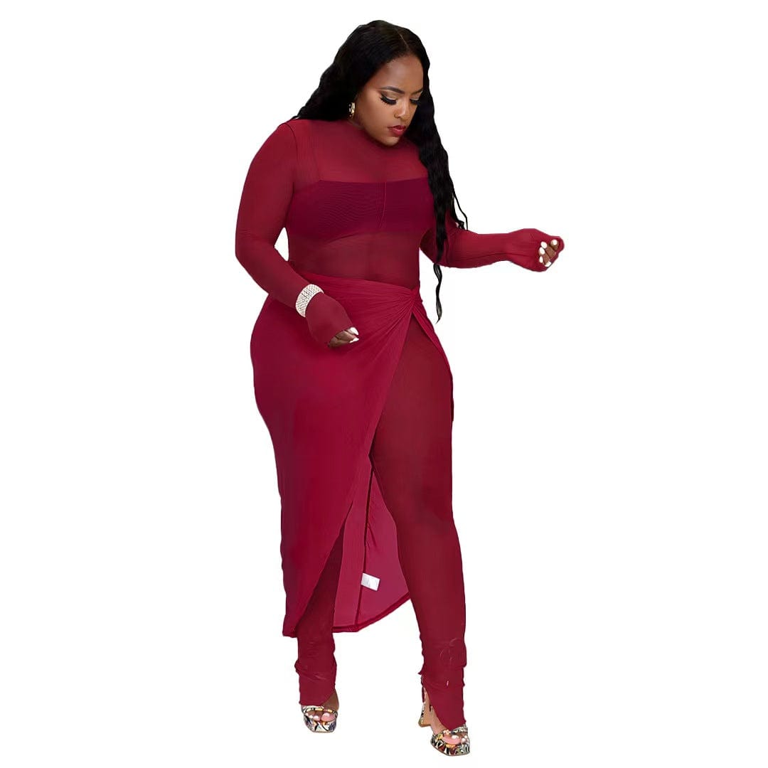 L / Burgundy J&H 2023 new arrivals stretchy see through mesh sheer jumpsuits with cover up skirts sexy fall women clothes