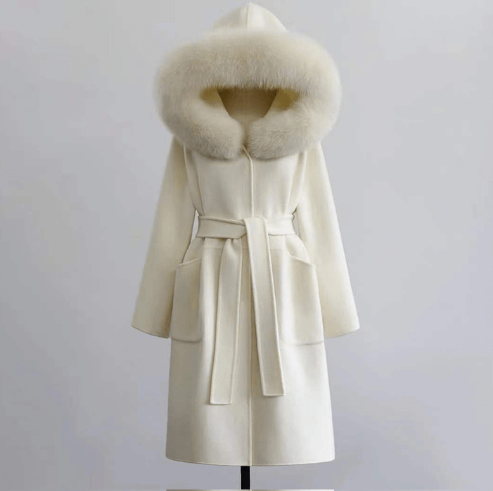 L / cream QIUCHEN- QC19055  hot-selling women warm trench jacket cashmere belt long plus size fox fur collar wool coat