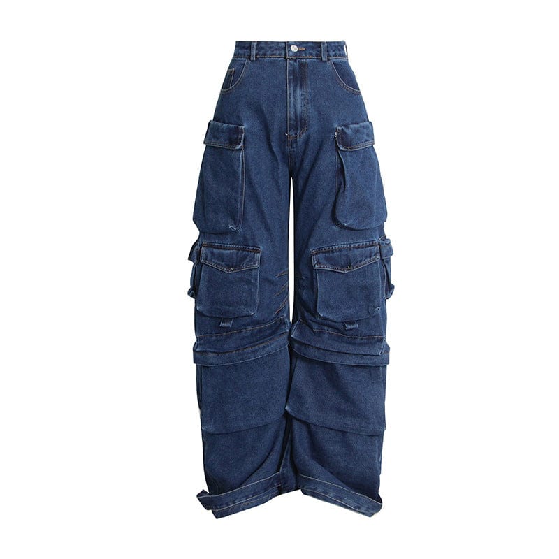 L / Dark blue OUDINA Customize Design Wholesale Boyfriend Wide Leg Pants Femmes Pantalon Women's Jean Pants Cargo Denim Jeans