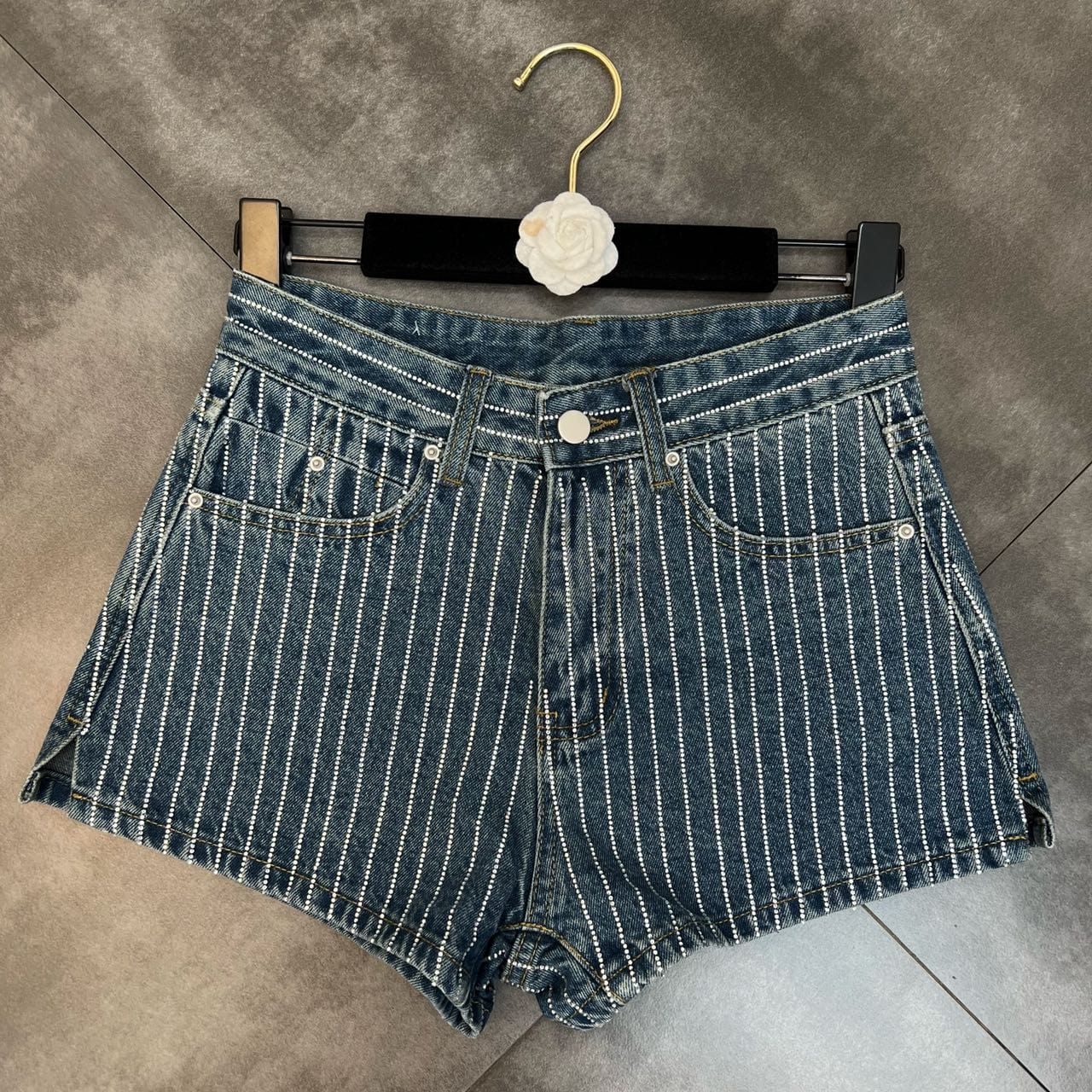 L / Dark blue OUDINA Hot Selling Cool Girl Bling Shiny Denim Shorts Ladies Women Diamond Jean Shorts