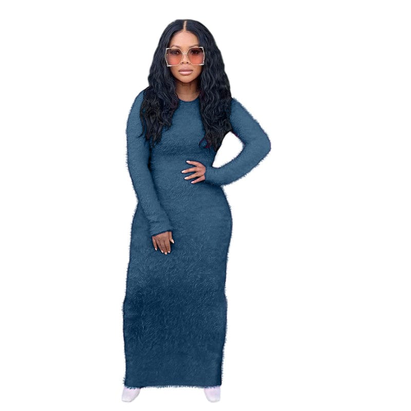 L / Dark blue spring 2023 women casual elegant ladies jersey fabric cotton pink long sleeve knitted blue long sweater dress for women