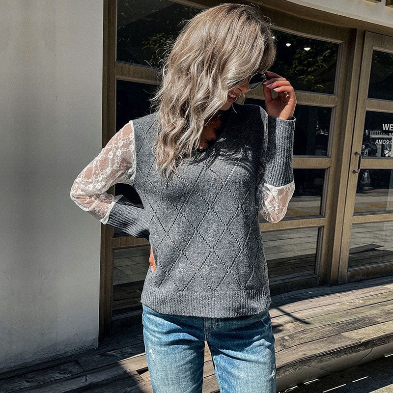 L / Dark grey Lace Sweater Women Pullover Casual Half Turtleneck Long Sleeve Knit Sweater Female Jumpers Solid Basic Sweater