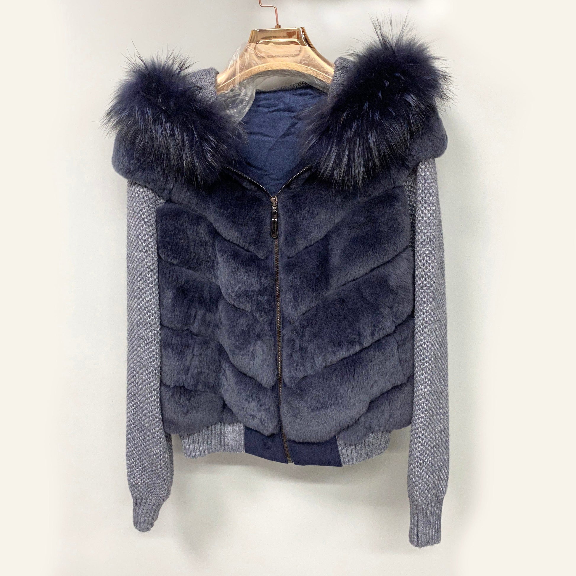 L / denim blue QIUCHEN QC22029 Drop shipping Women Knit Zip Hoodie Coat with Real Fox Fur Collar Winter Hooded Jacket Women