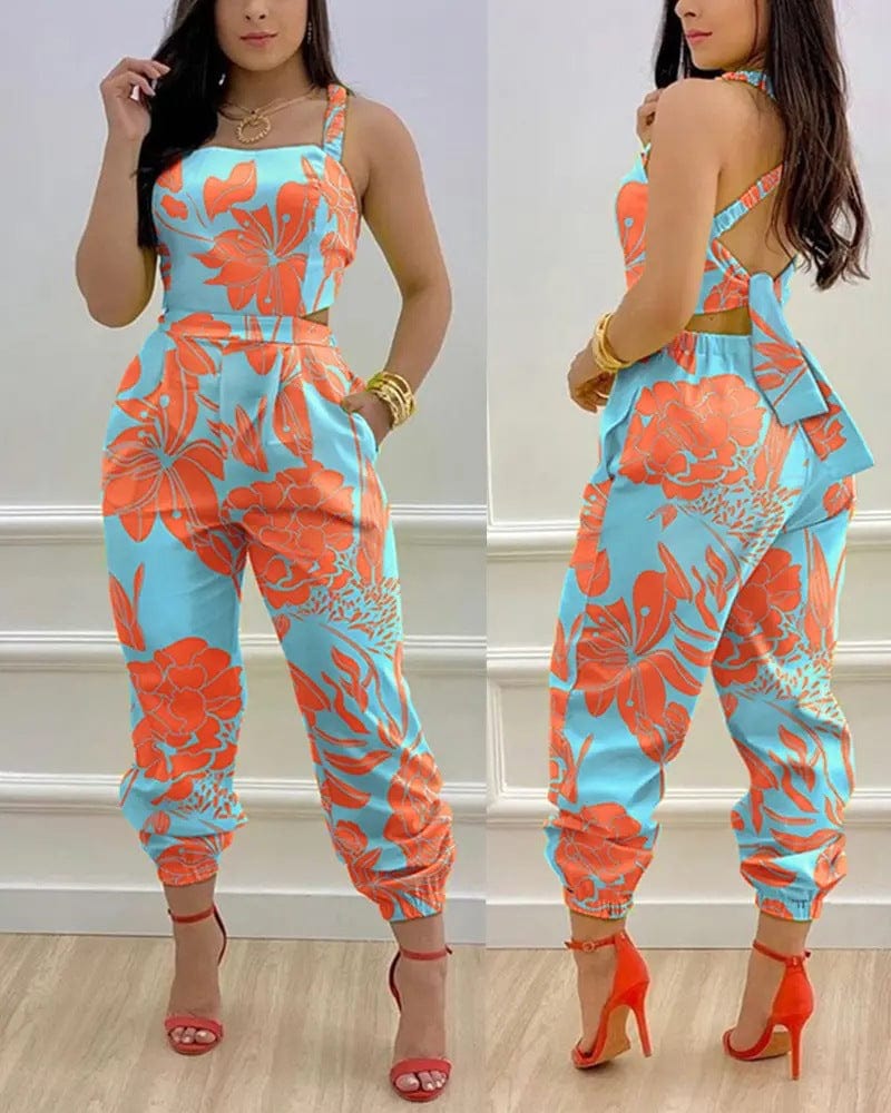 L / flower print Wholesale Women's Loose Cut Out One Piece Jumpsuit Workout Sleeveless Backless  Cargo Jumpsuits Women 2022