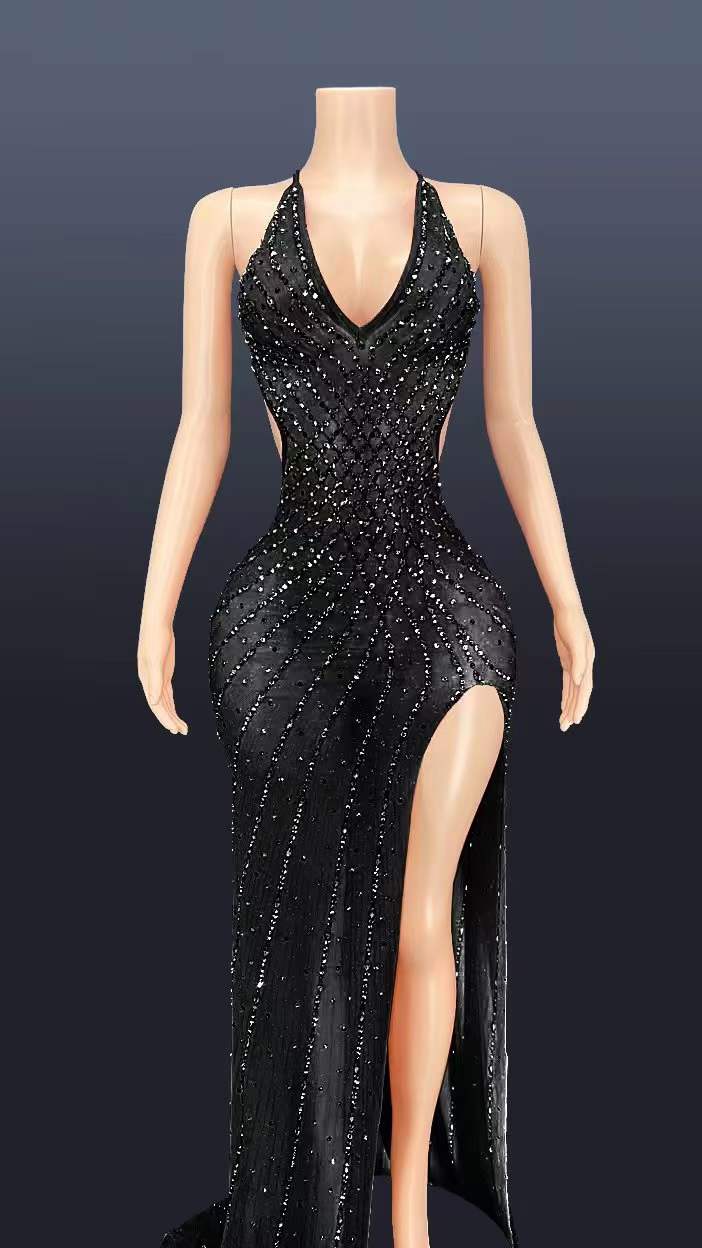 L / FX220214 Black Sexy Sparkly Rhinestone Backless Low Cut V Neck Maxi Dress Party Sleeveless Slit Side Floor Length Big Ass Tight Evening Dress