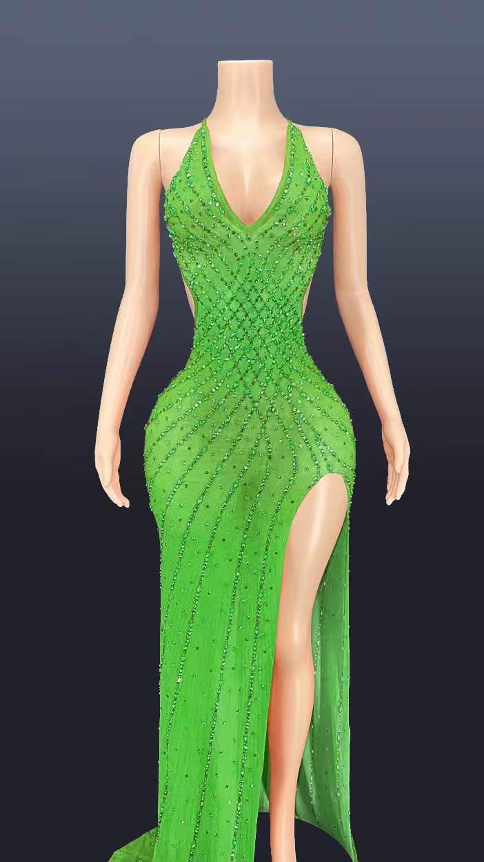 L / FX220214 Green Sexy Sparkly Rhinestone Backless Low Cut V Neck Maxi Dress Party Sleeveless Slit Side Floor Length Big Ass Tight Evening Dress