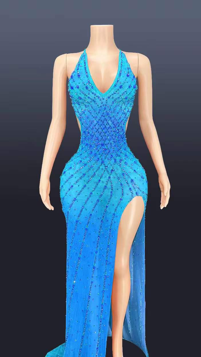 L / FX220214 Light Blue Sexy Sparkly Rhinestone Backless Low Cut V Neck Maxi Dress Party Sleeveless Slit Side Floor Length Big Ass Tight Evening Dress