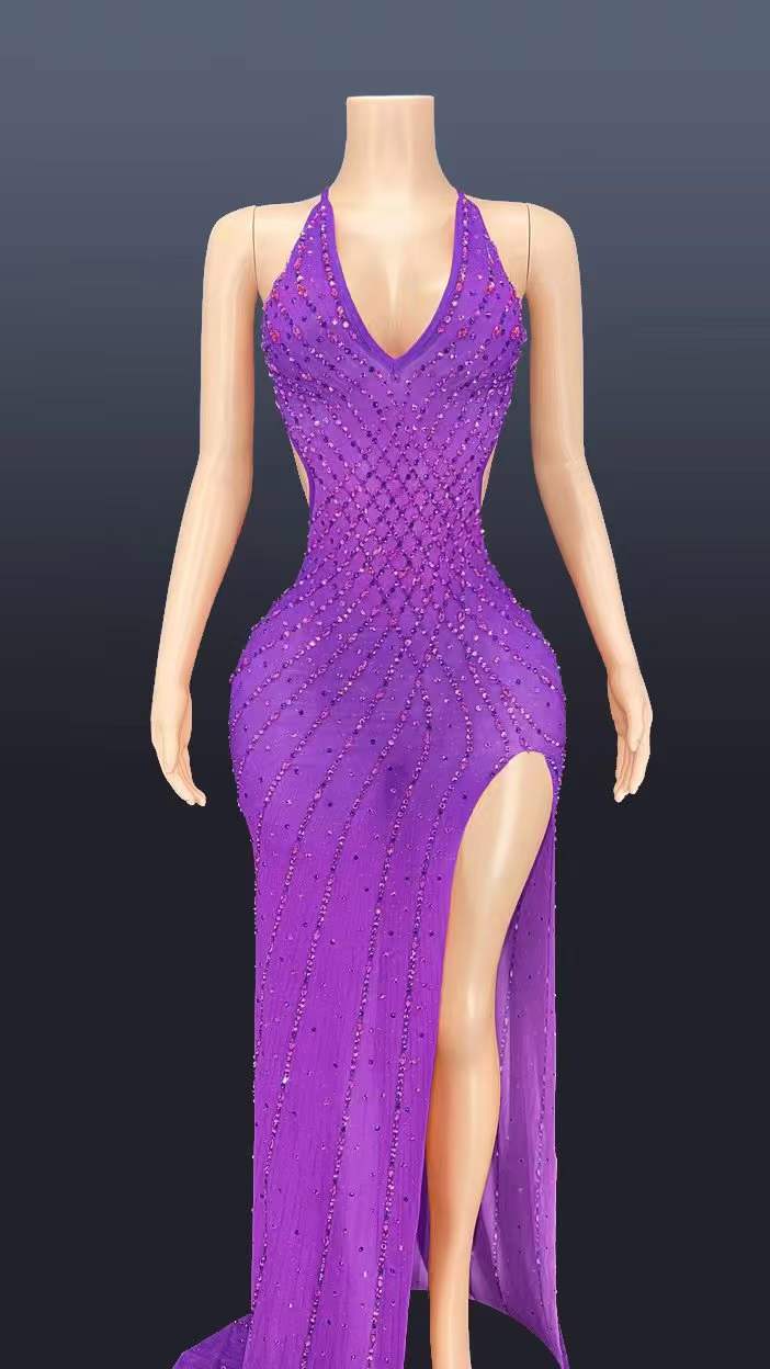 L / FX220214 Purple Sexy Sparkly Rhinestone Backless Low Cut V Neck Maxi Dress Party Sleeveless Slit Side Floor Length Big Ass Tight Evening Dress