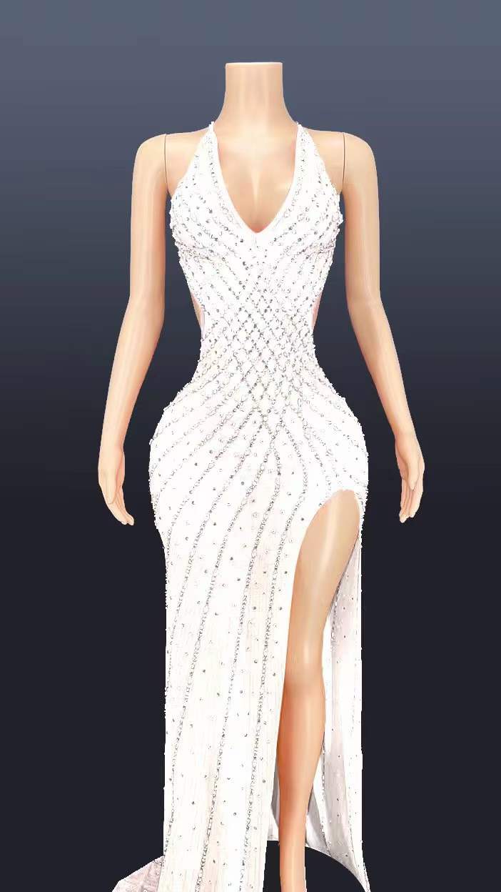 L / FX220214 White Sexy Sparkly Rhinestone Backless Low Cut V Neck Maxi Dress Party Sleeveless Slit Side Floor Length Big Ass Tight Evening Dress