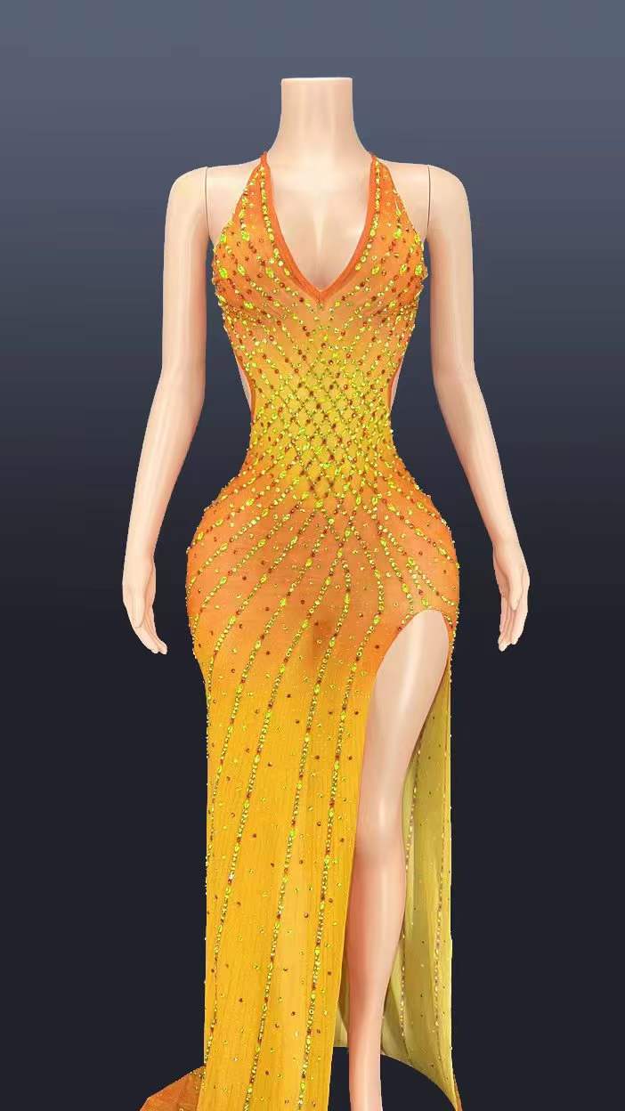 L / FX220214 Yellow Sexy Sparkly Rhinestone Backless Low Cut V Neck Maxi Dress Party Sleeveless Slit Side Floor Length Big Ass Tight Evening Dress