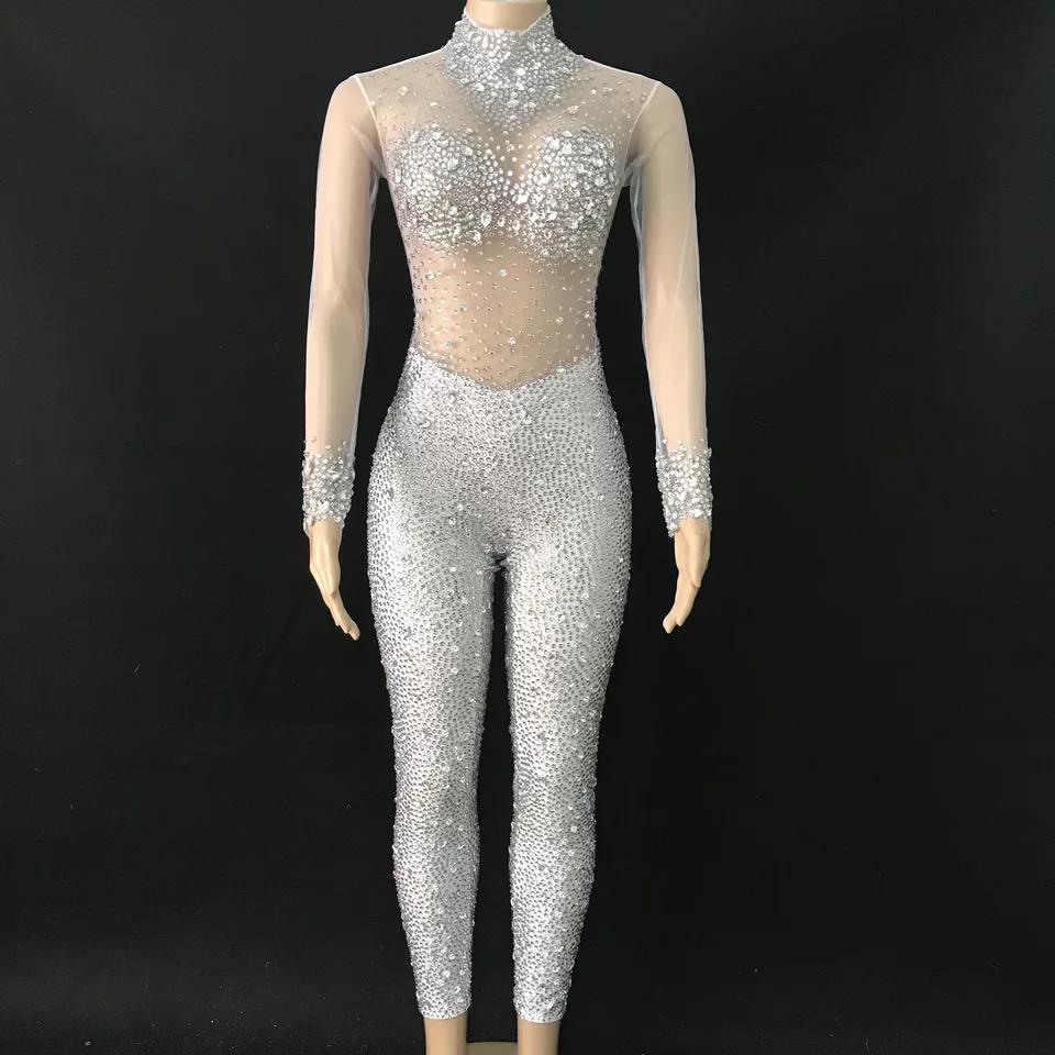 L / FX220829 silver Fall Black Long Sleeve Sexy Women Mesh See Through Jumpsuit Bodysuit Sparkly Rhinestone Diamond Bodycon Jumpsuits Party