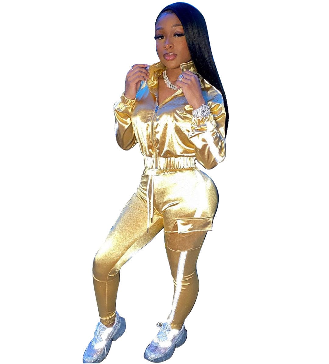 L / Golden fall women jogging suits custom 2022 satin 2 piece reflective tracksuit set women