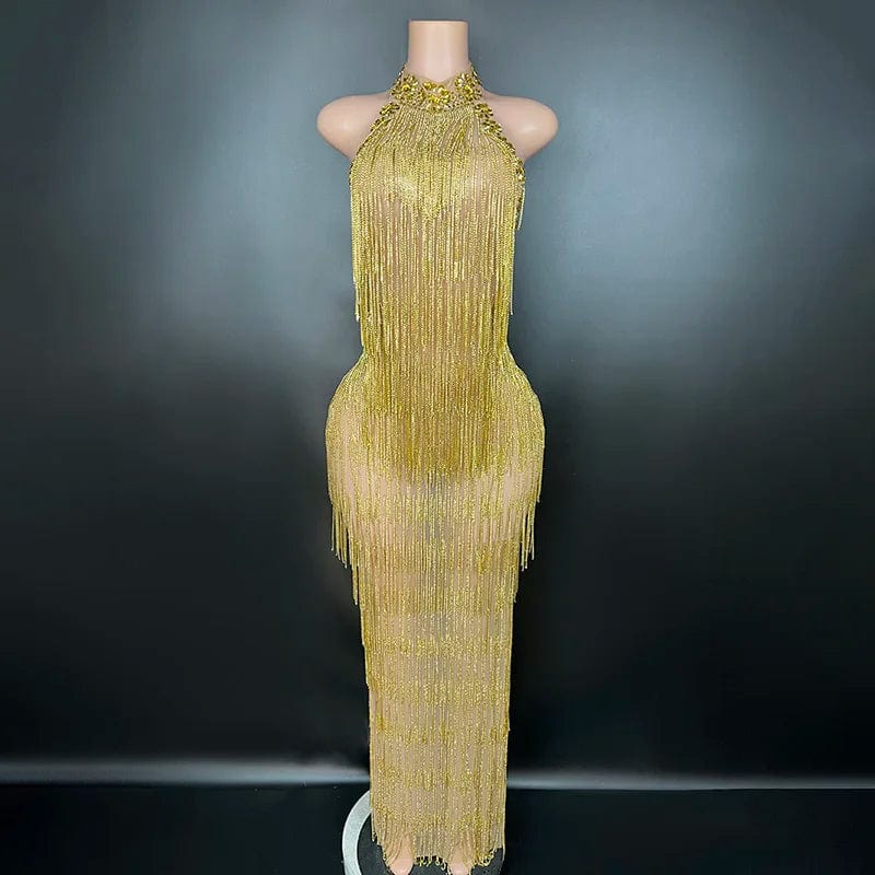 L / Golden Novance Y2336 trending products 2024 new arrivals women gold luxury long gown evening dress gold high neck tassel  dress women