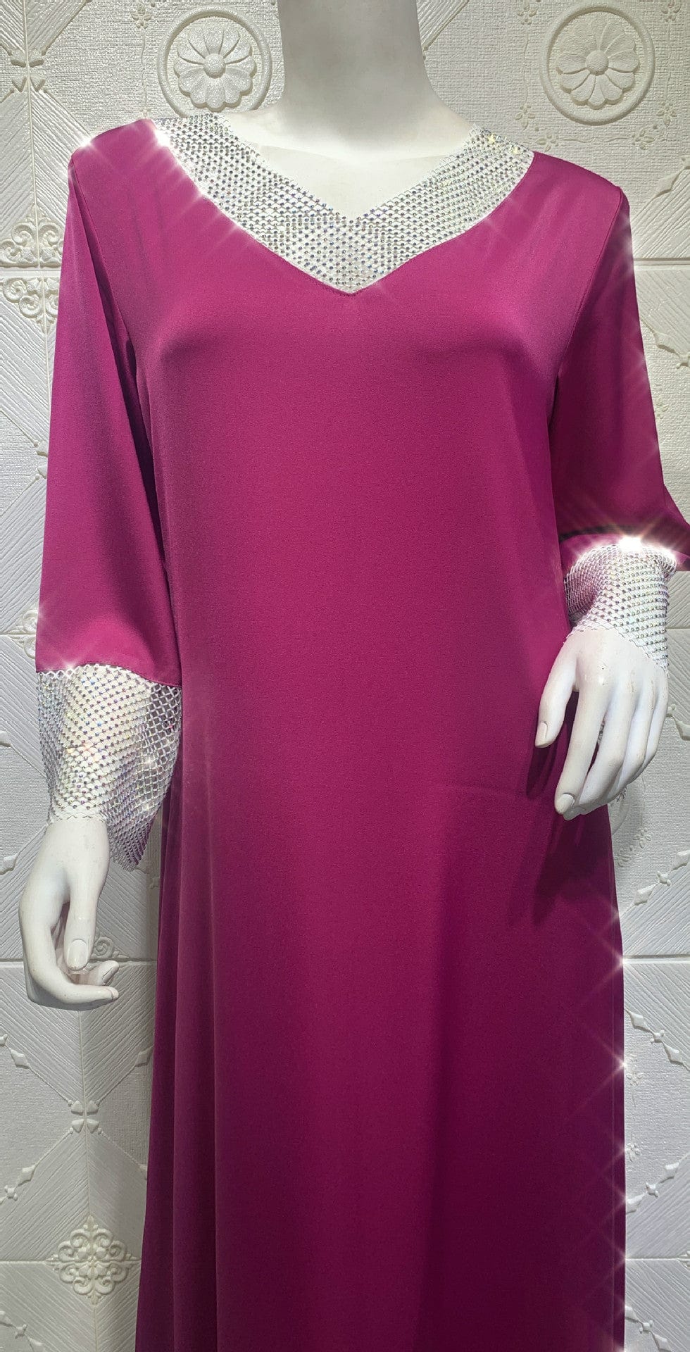 L / grape purple AB032 Middle Eastern Satin Bead Full Set Diamond Mesh Muslim  Women Long Dress