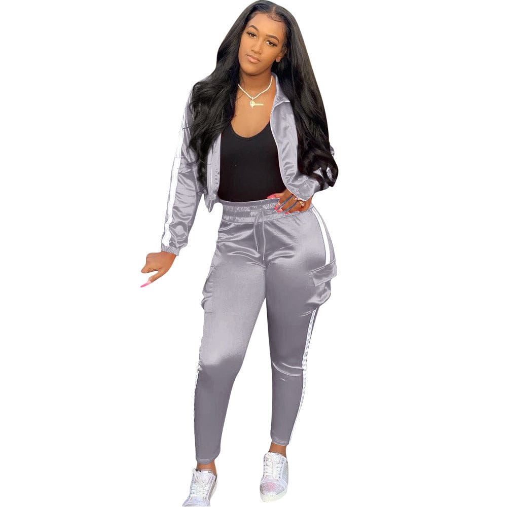 L / Gray fall women jogging suits custom 2022 satin 2 piece reflective tracksuit set women