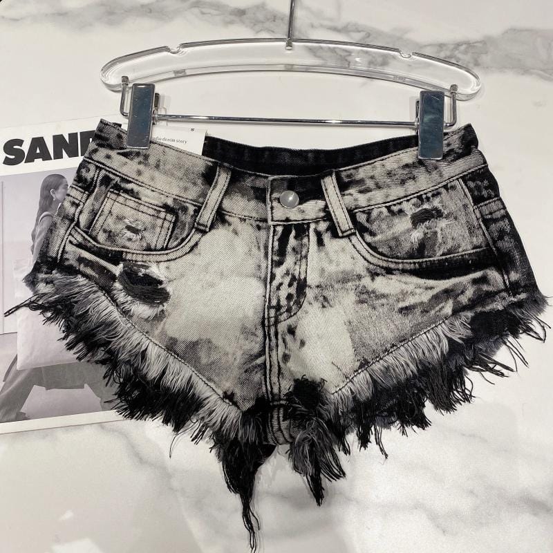 L / Gray OUDINA Trendy Street Sexy Hot Pants Frayed Old Fringe Washed Denim Shorts For Women