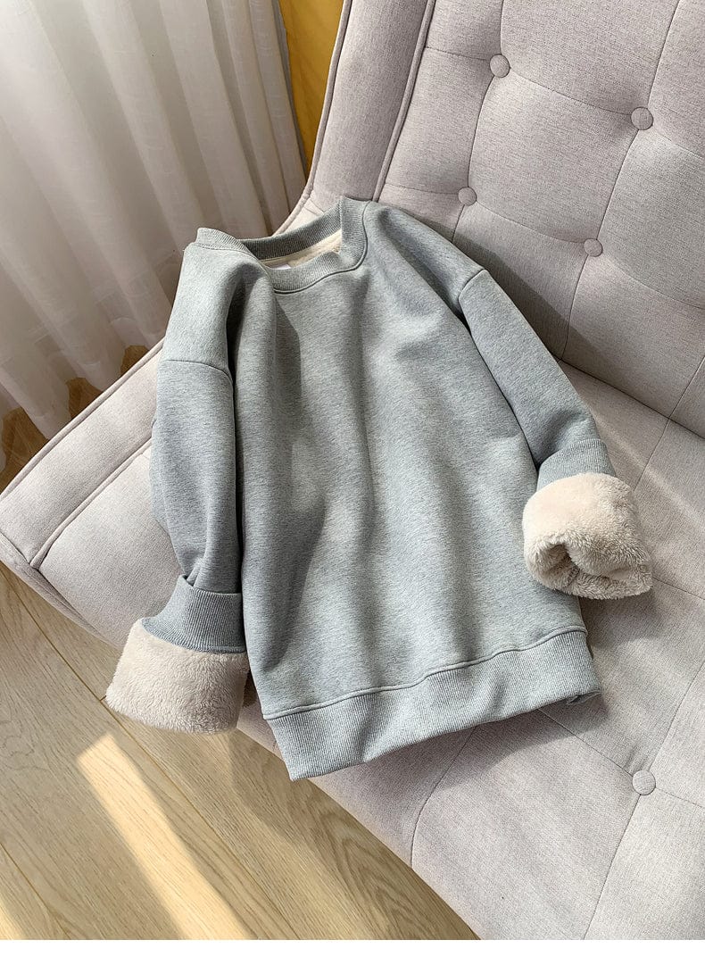 L / Gray Oversize Solid Women's Pullover Sweater Hoodie Thick Fleece Loose Crew Collar Autumn/Winter Furry Coat