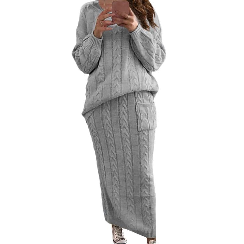 L / Gray S-5XL Plus Size Women Clothing Lady Sweater 2 Pieces Set Casual Oversized Cable Knit Two Piece Sweater Skirt Dress Set Women