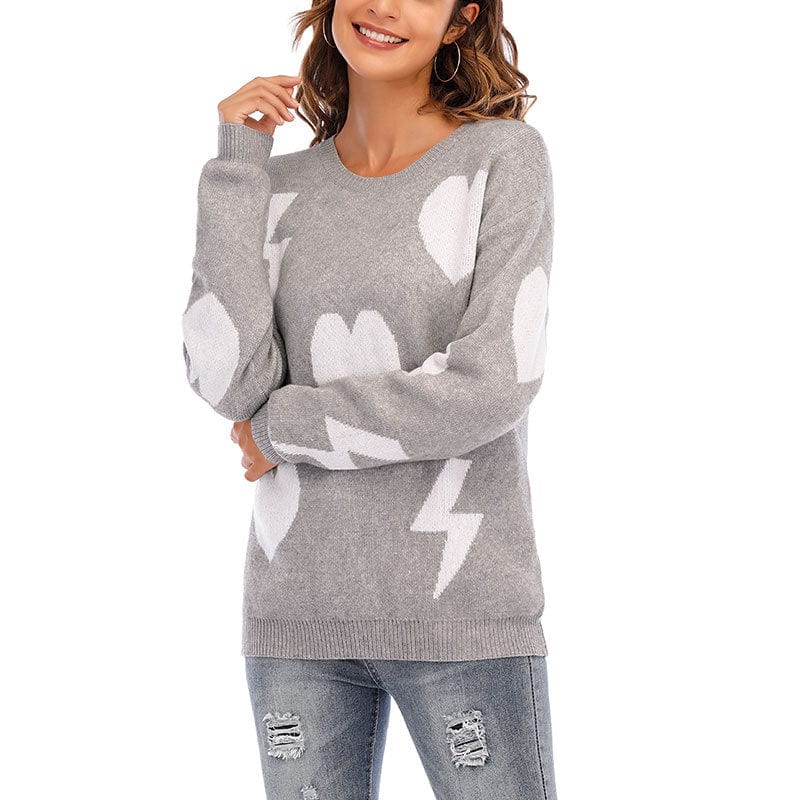 L / Gray + White New Valentine's Day Sweater Women's Loose Pullover Long Sleeve Love + Lightning Round Neck