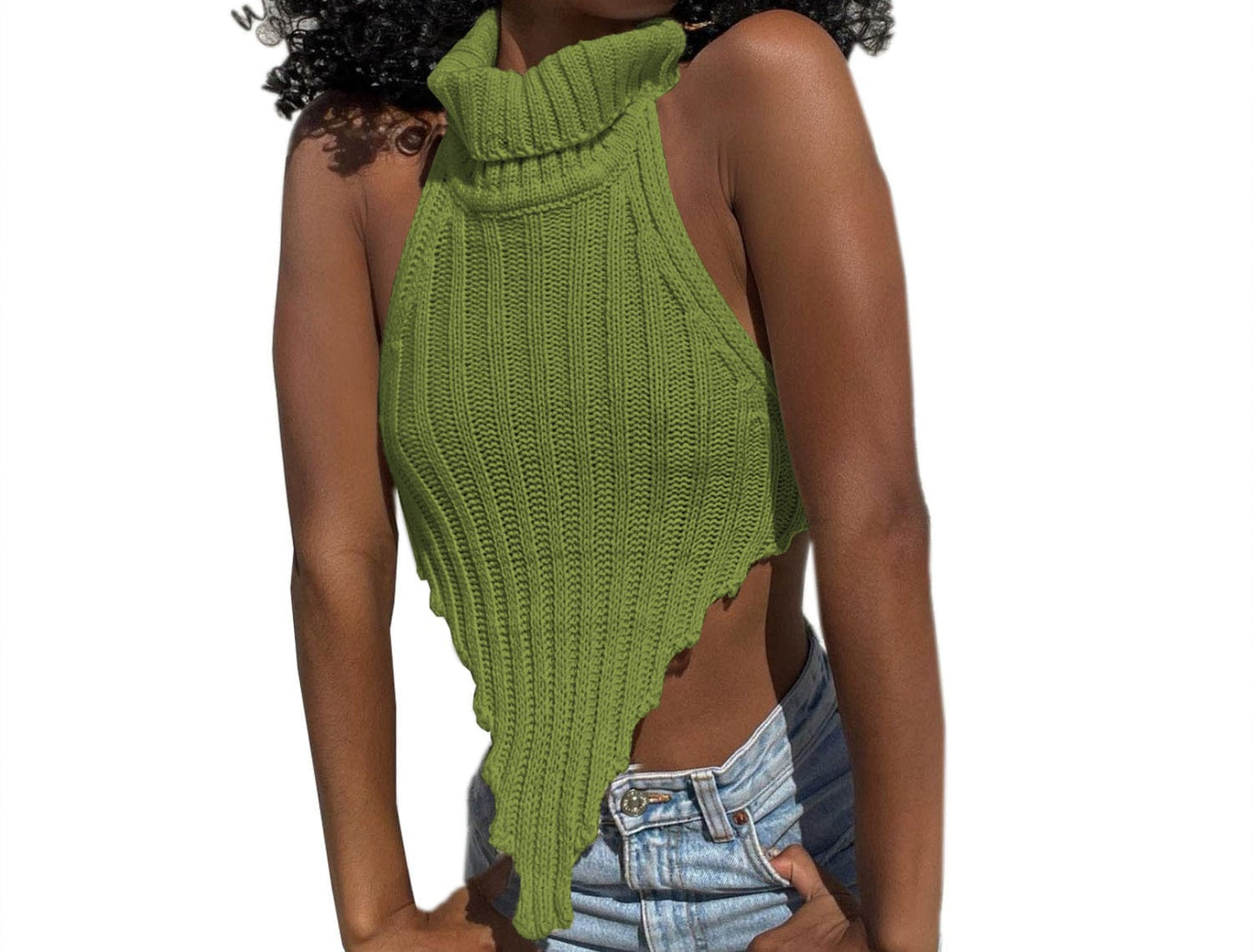 L / Green 2022 Custom logo spring sexy backless crop top irregular high collar mini vest solid fashion serration woolen tank top