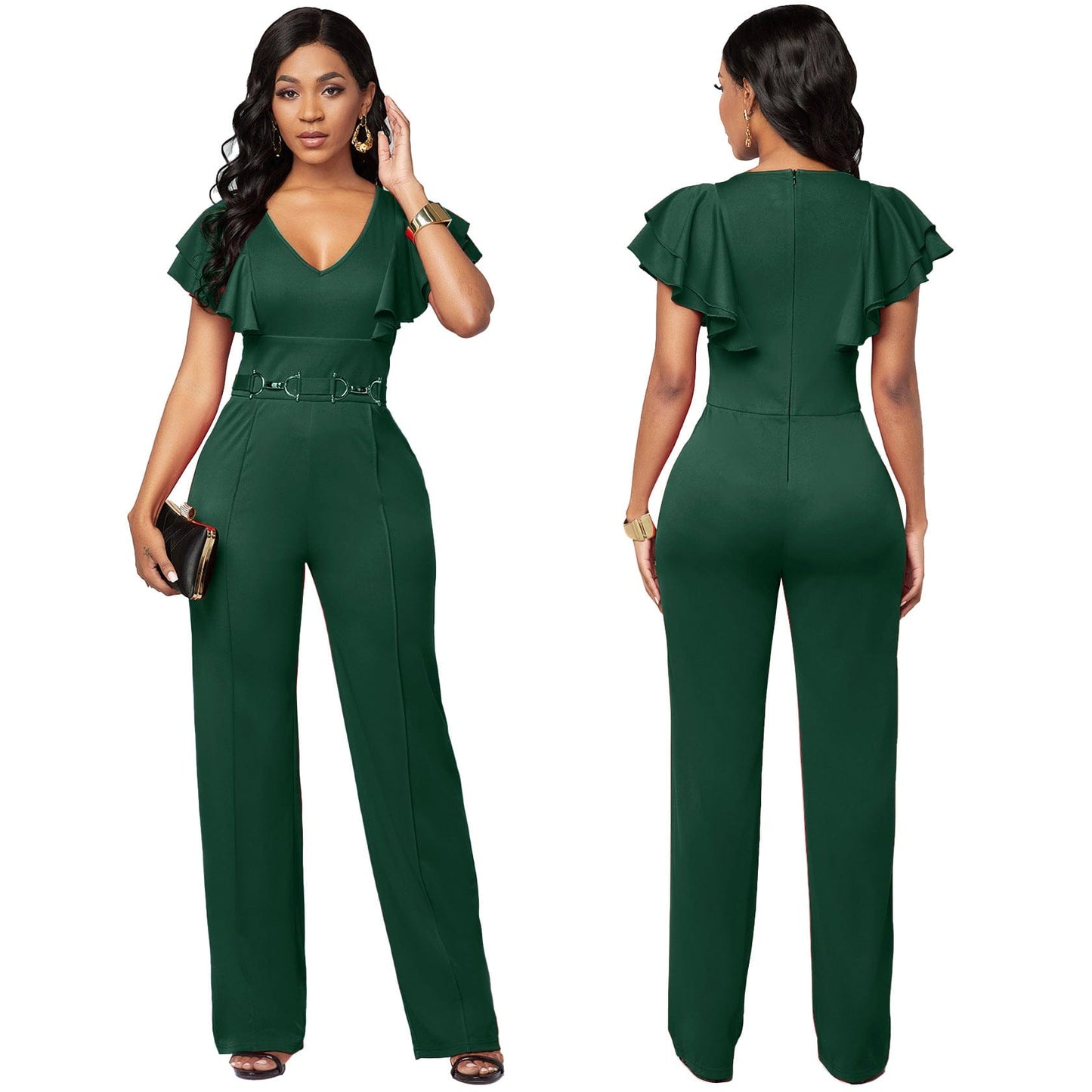 L / Green 2022 New Arrival One Piece Fall Clothing Custom Rompers Deep V Neck Green Jumpsuit Elegant Bodycon Jumpsuits For Women