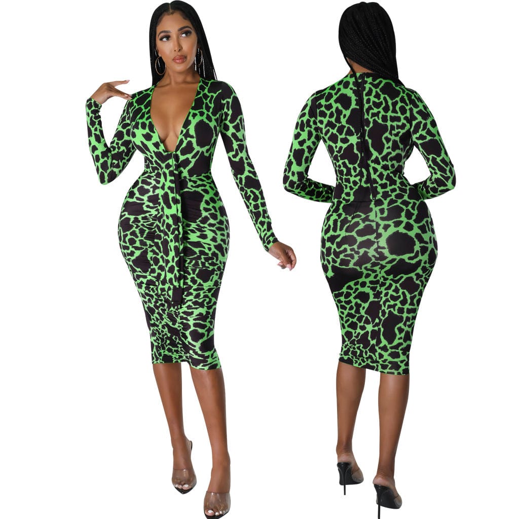 L / green C1103TA50 Wholesale Sexy Deep V Leopard Print Bodycon Pleated Dress Women Sehe Fashion