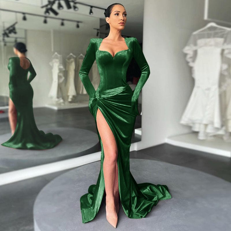 L / green Fall Winter Women'S Velvet Long Prom Dresses  Evening Gowns Sexy Elegant Women Split Velvet Red Dress Party Evening Dresses