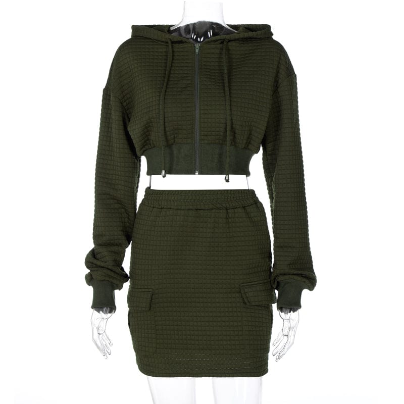 L / green Kliou K22M22084 Fall Long Sleeve Crop Hoodie Tops Jacket Sweater Skirt Set Women Casual Outfits 2 Piece Skirt Sets