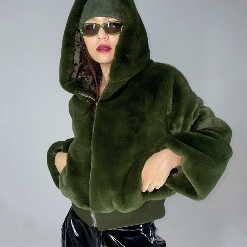 L / Green New Winter Fashion Velvet Coats Casual Womens Long Sleeve Zipper  Coats Women Army Green Womens Hooded Coats