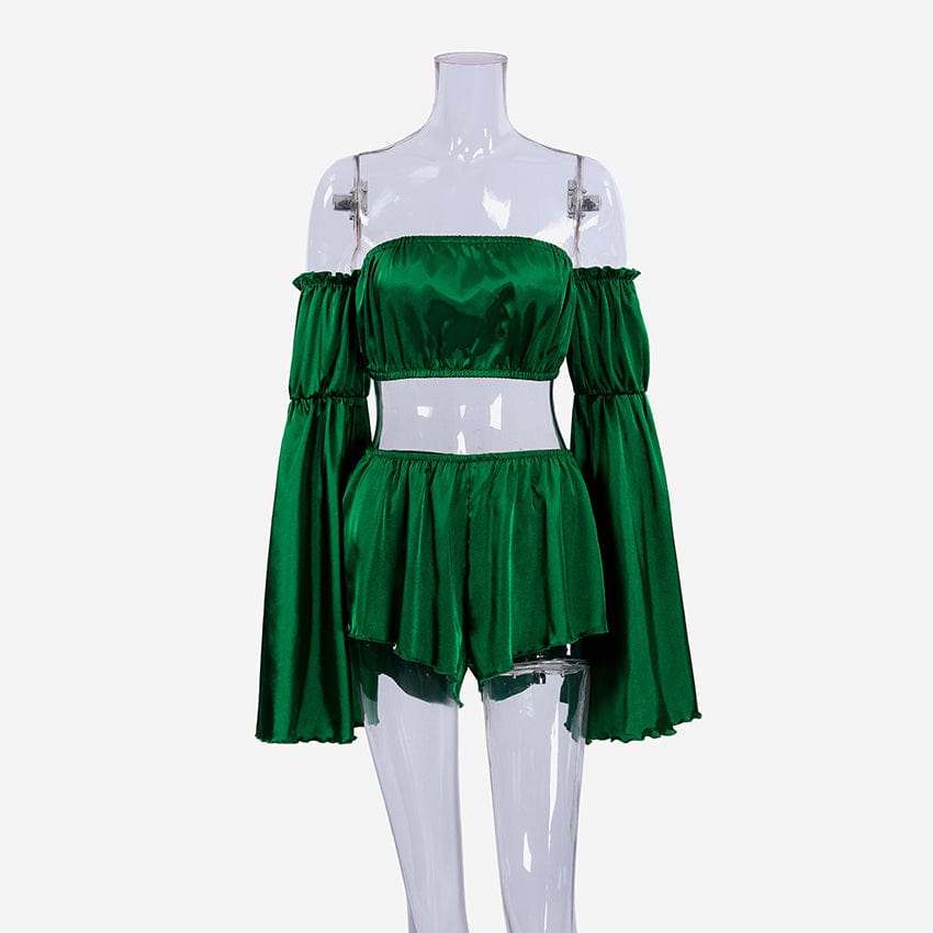 L / green OOTN Ruffled Women'S  White 2023 Green Crop Top Set With Shorts Flare Sleeve Women's Sexy Satin Sets apparel design services