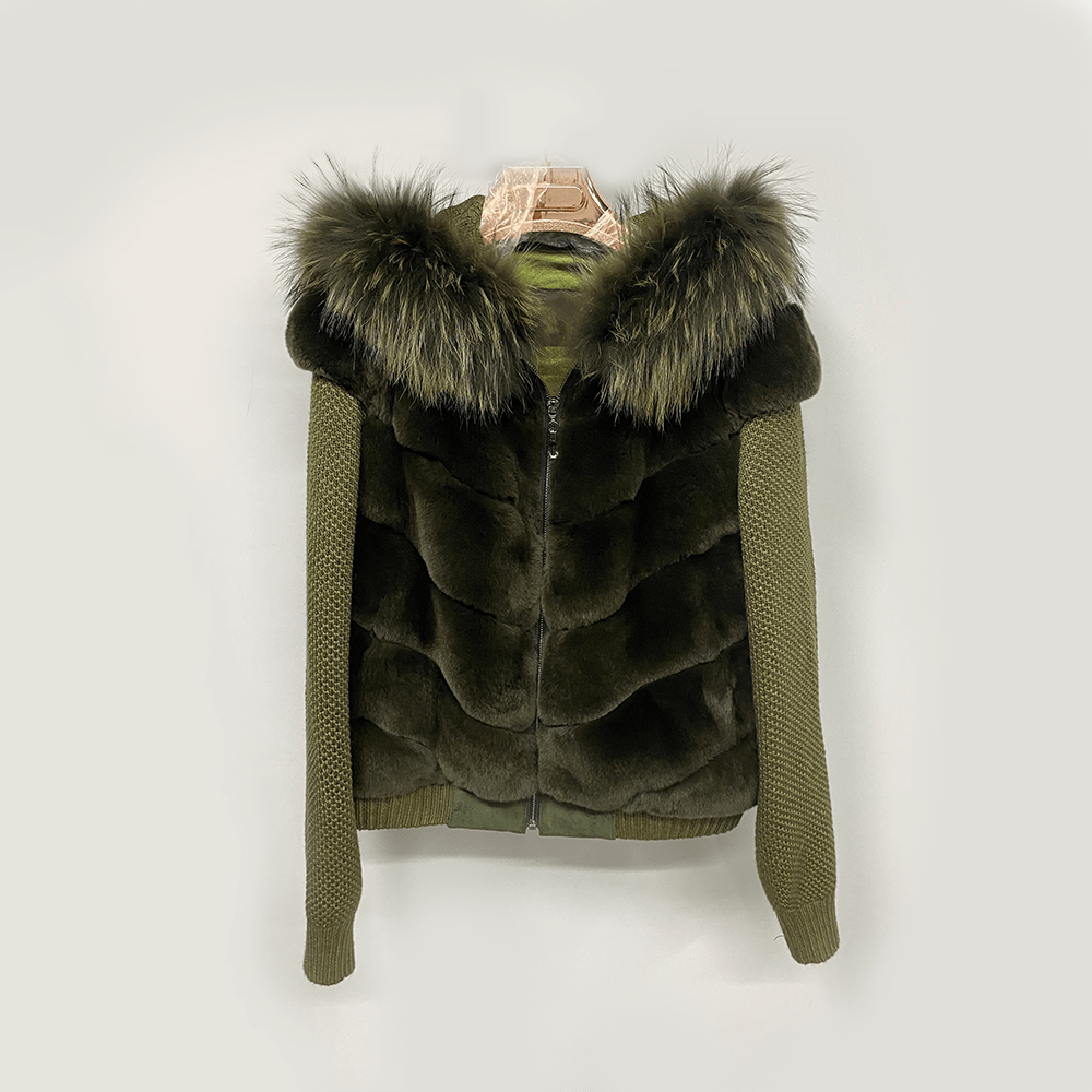 L / Green QIUCHEN QC22029 Drop shipping Women Knit Zip Hoodie Coat with Real Fox Fur Collar Winter Hooded Jacket Women