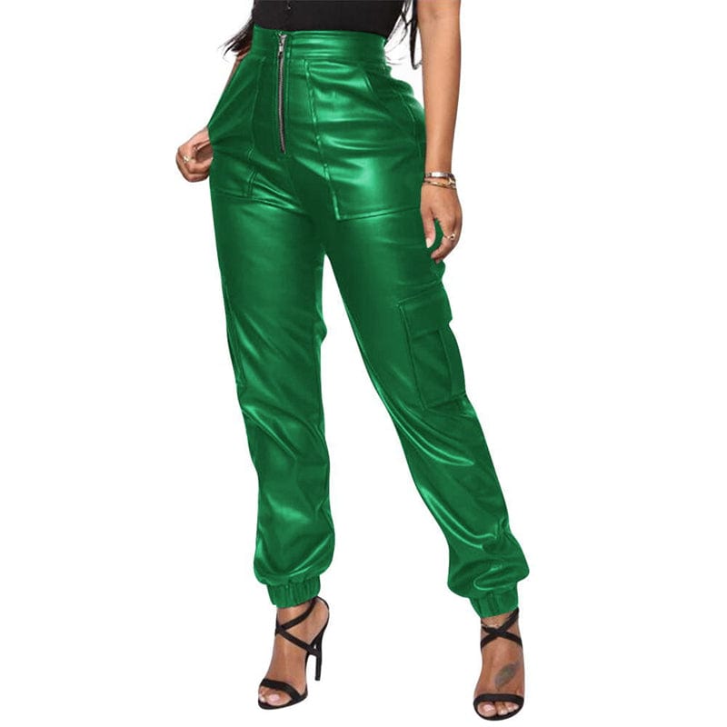 L / green wholesale fashion women's green black brown red real faux pu leather high waist cargo leather pants women with pocket for women