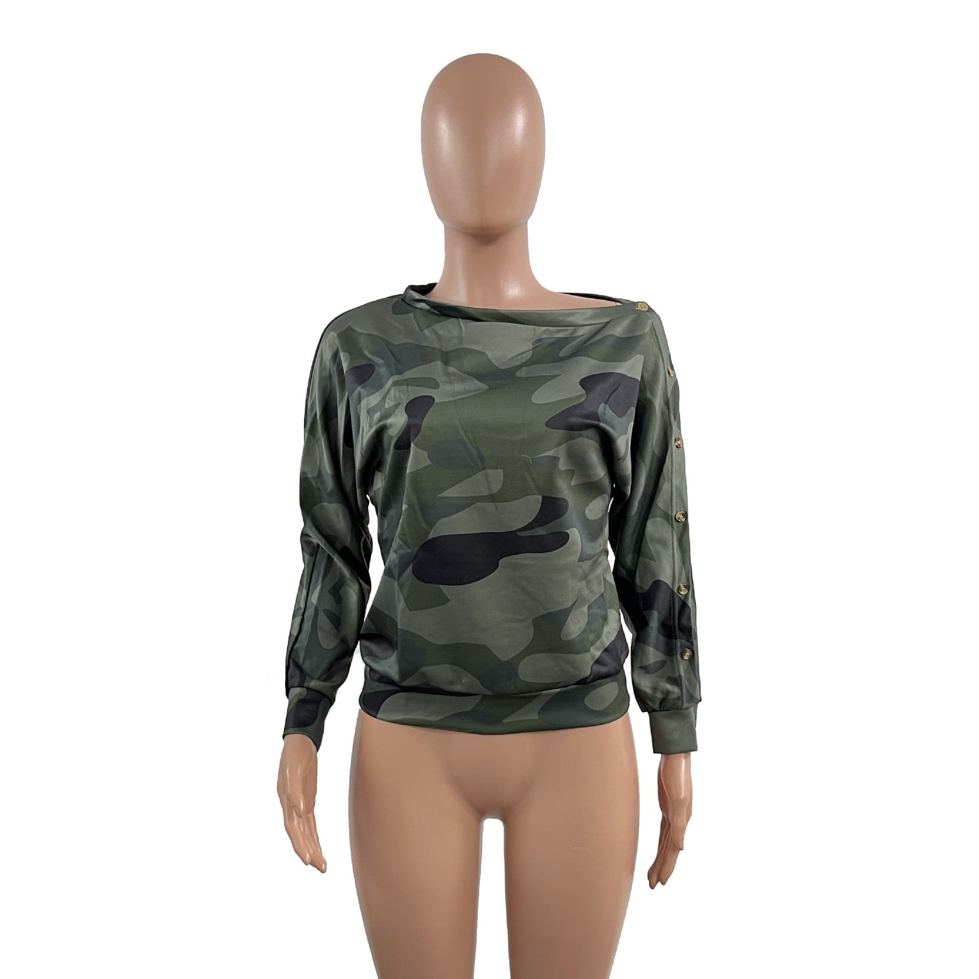 L / Green Z73408 Fashion Camouflage Print Long Sleeve top Casual women spring loose Skew Collar Off Shoulder T Shirts