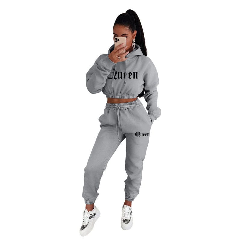 L / Grey Z70796 Fall Fashion Letter Print Hooded Crop top women Casual two piece sweatpants set