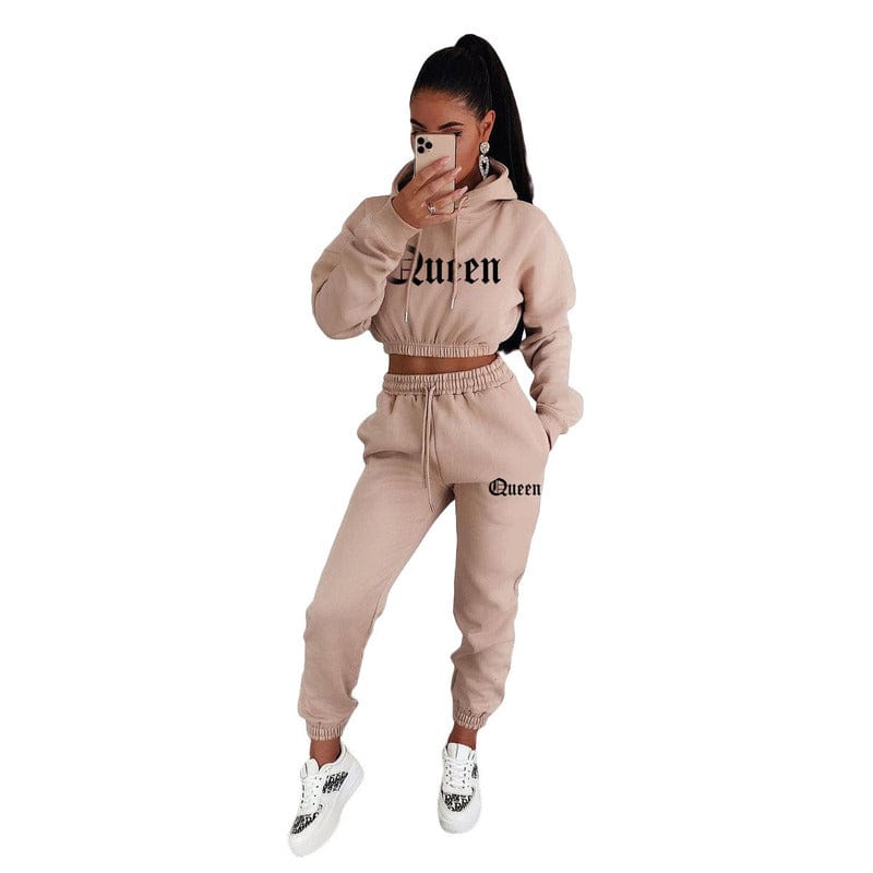 L / Khaki Z70796 Fall Fashion Letter Print Hooded Crop top women Casual two piece sweatpants set