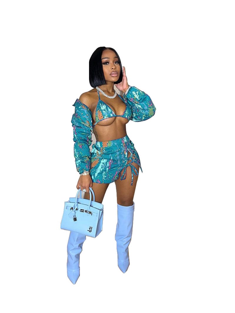 L / Light Blue fall 2022 women lady print lounge wear cardigan bra and mini skirt 3 piece activewear set women high quality clothing for women