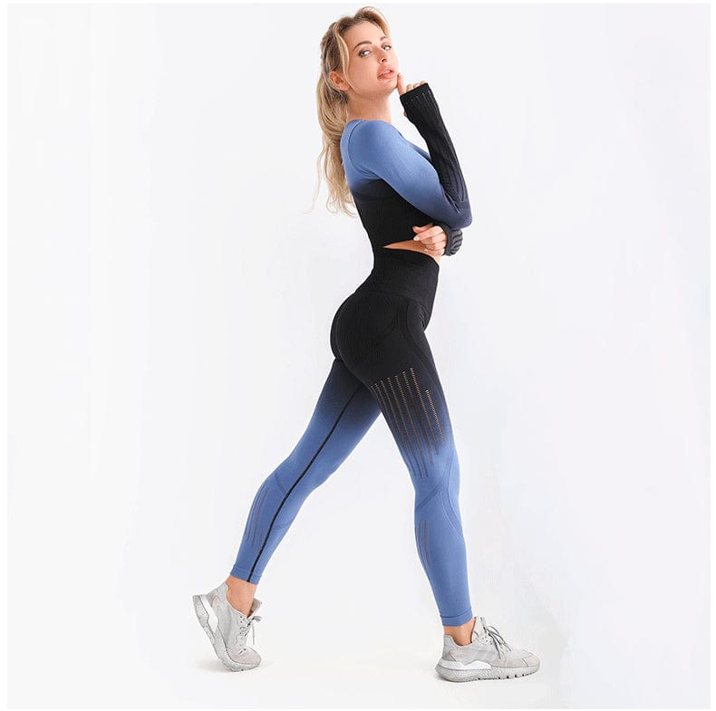 L / Light Blue New yoga suit set women's European and American cross-border sportswear long sleeved quick drying