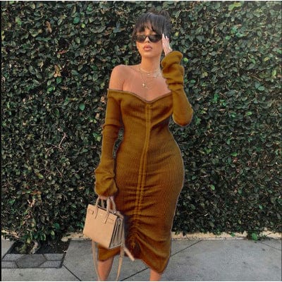 L / Light Brown Casual ladies Dress 2022 Autumn Women clothing Office Dress For Women Formal High Quality Elegant Long Sleeve Midi Dresses