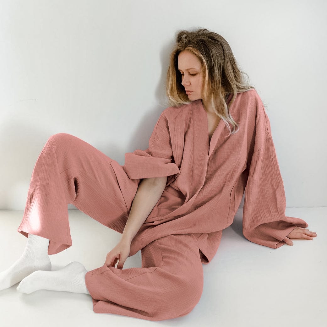 L / Light Brown OOTN Ladies Sleepwear Suit Women's Home Service Mujer Kimono Pajamas 2023 New 100% Cotton Crepe Long-Sleeved Trousers