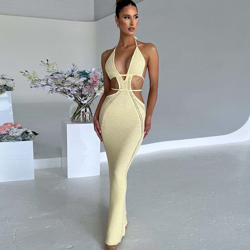 L / Light Yellow OUDINA Hot Selling Street Summer Fashion Clothing Hanging Neck Hollow Maxi Dress For Women Ladies Dresses