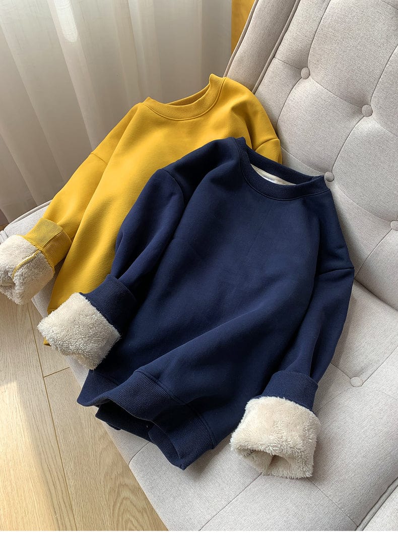 L / Navy blue Oversize Solid Women's Pullover Sweater Hoodie Thick Fleece Loose Crew Collar Autumn/Winter Furry Coat