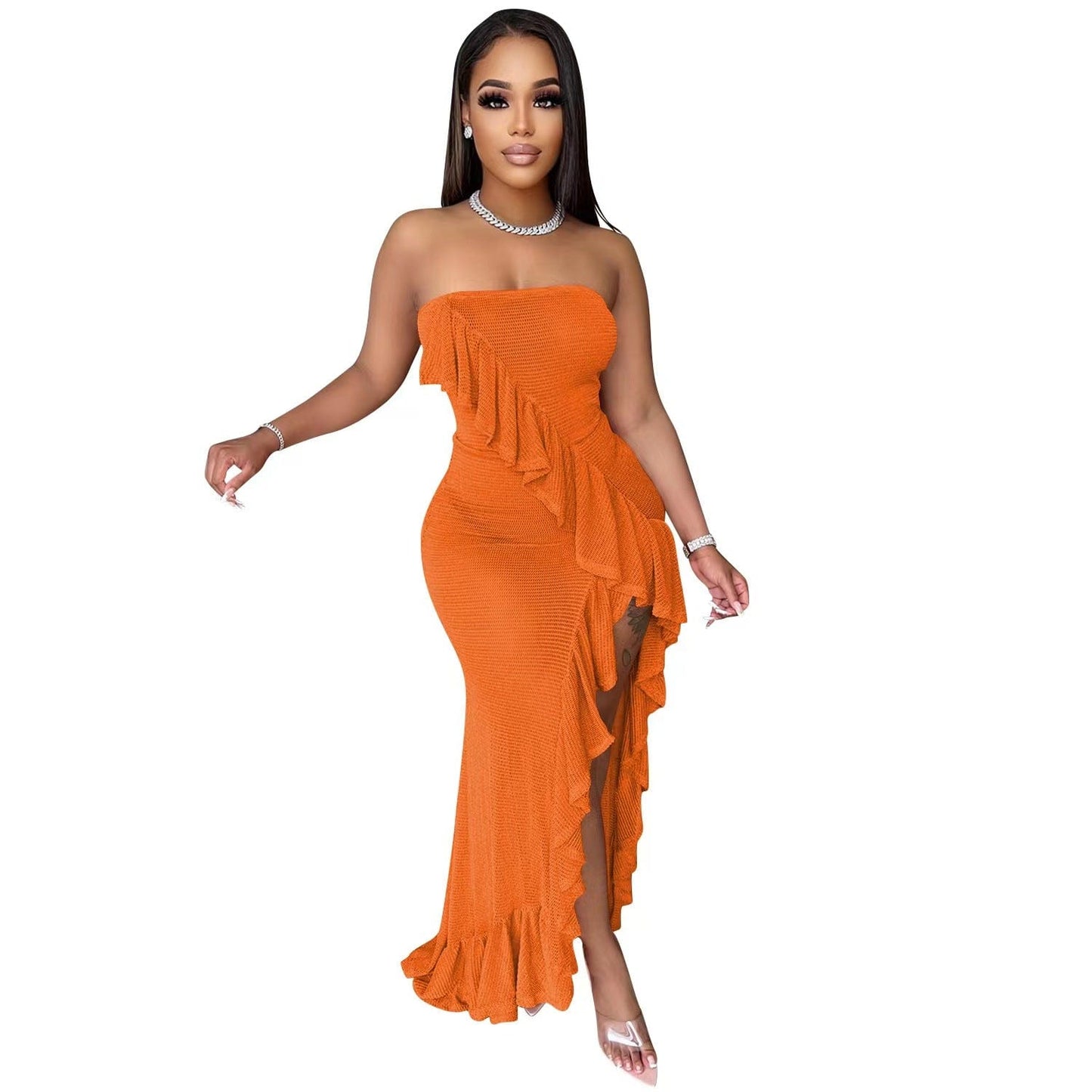 L / Orange J&H new arrivals 2023 sexy strapless ruffled club party dress elegance women asymmetric fashion high slit party gowns