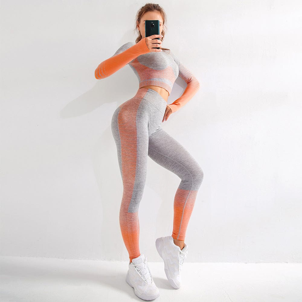 L / Orange New Sports Butt Lifting Seamless Yoga Suit Running Suit Quick Dry Clothes Fitness Two Sets