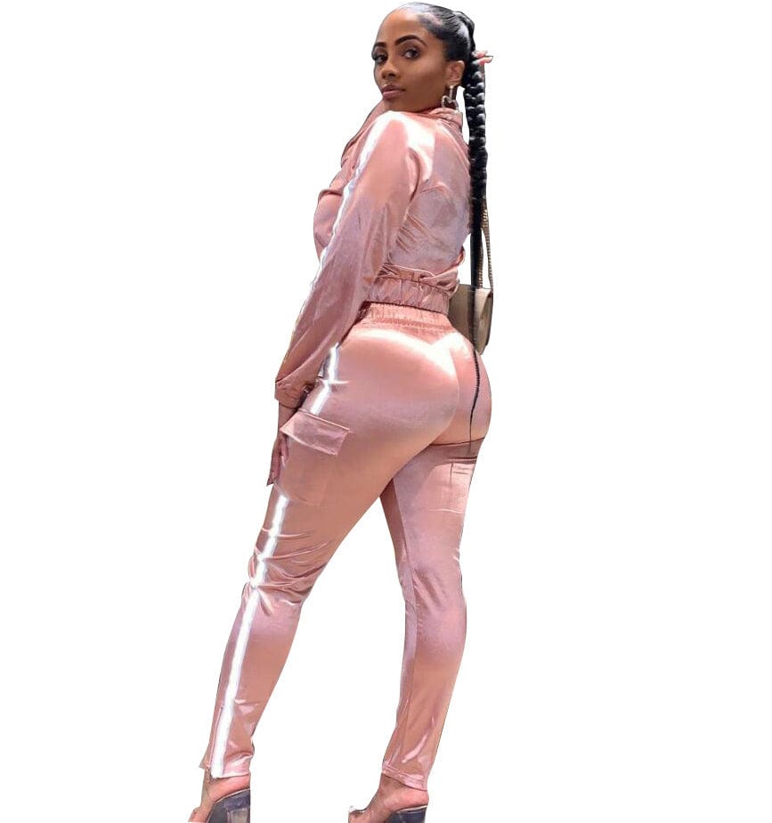 L / Pink fall women jogging suits custom 2022 satin 2 piece reflective tracksuit set women