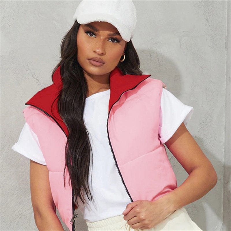 L / Pink New arrival autumn casual short puff vest jacket stand collar sleeveless reversible women with zipper cropped puffer vest custom