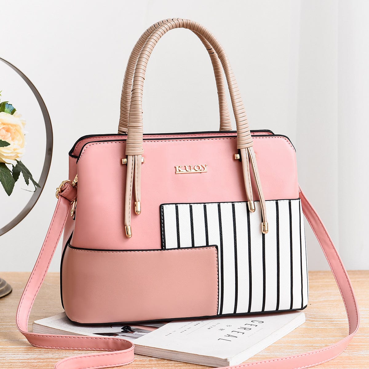 L / Pink New stripe splicing design women hand bags handbags elegant commuting casual shoulder cross body bag wholesale custom