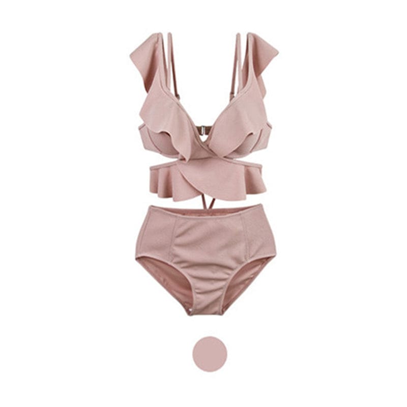 L / Pink New Trend Korea Women Ruffled V-neck Pink Swimsuit High Waist Thong Bikini Set Triangle Split Girls Fitness Swimwear