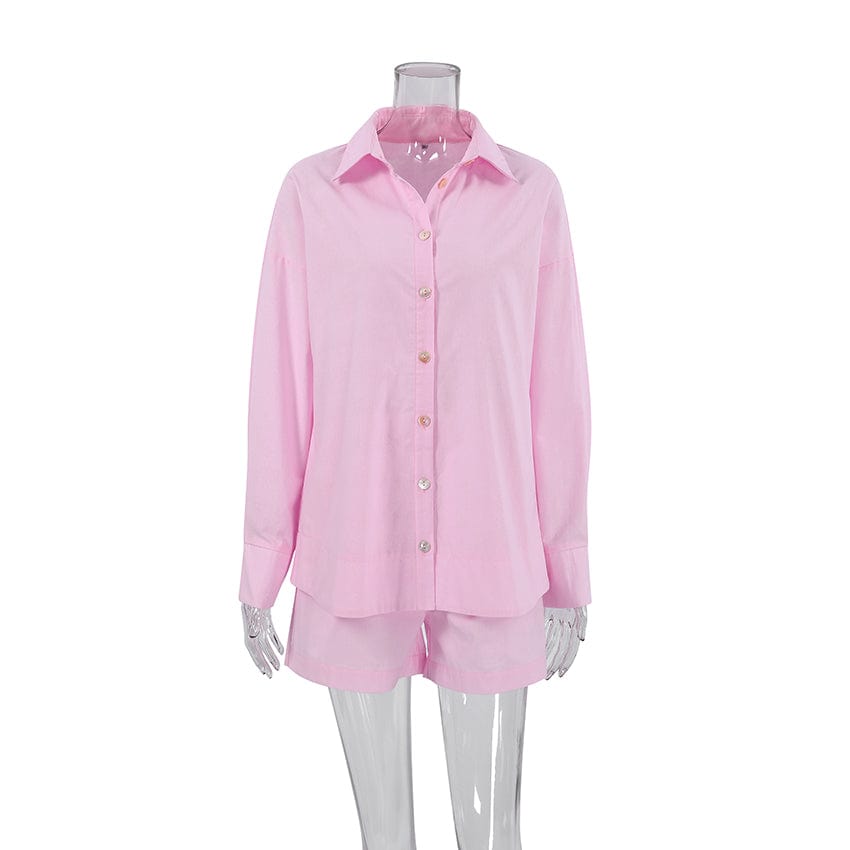 L / Pink OOTN 2023 Spring Solid Pink Long Sleeve Female Casual Suits With Shorts Loose Women's Home Clothes 2 Piece Sets