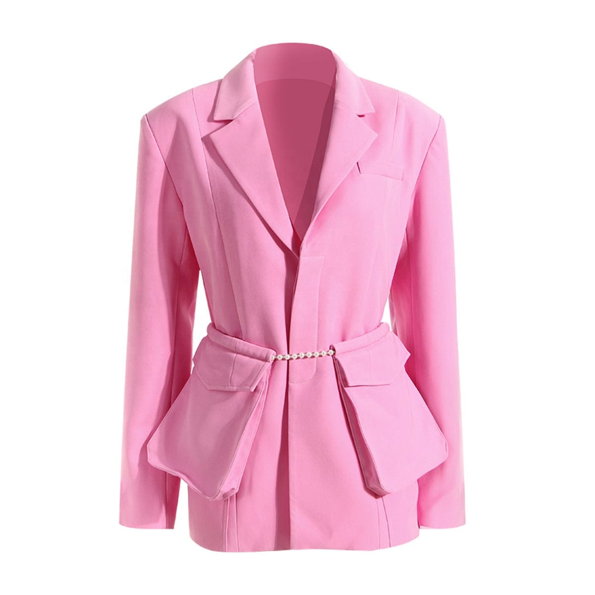 L / Pink OUDINA New Pink Pearl Chain Large Pocket Women's Suits Tuxedo Elegant Blazer Women