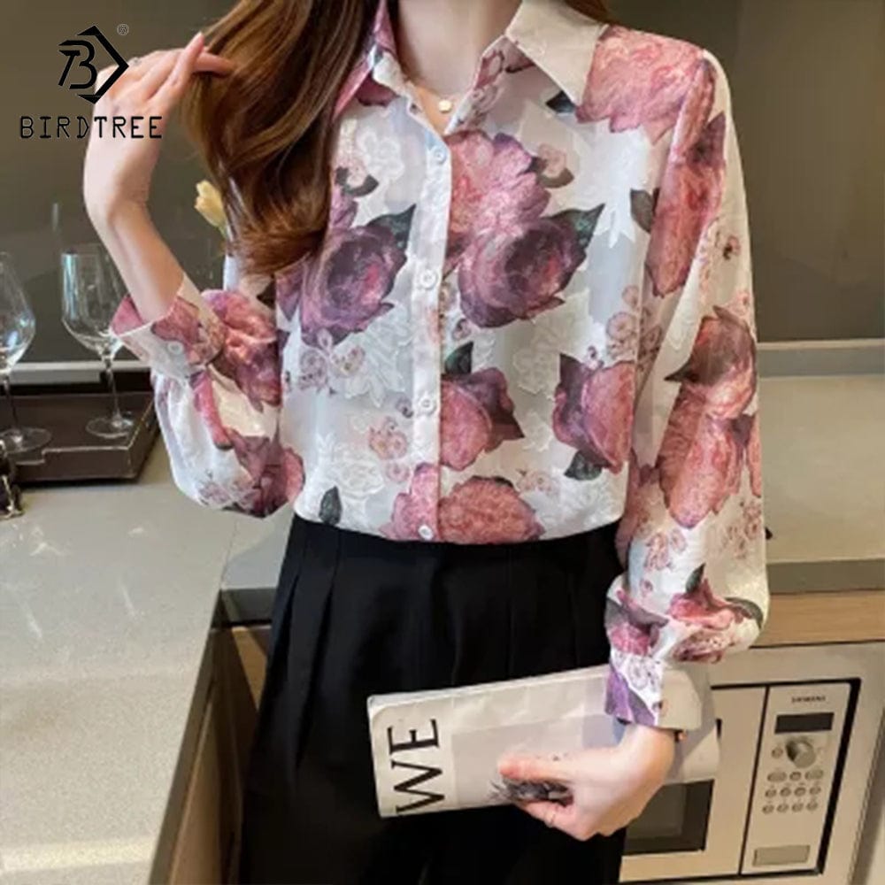 L / Pink Real Shot Printed Embroidered Shirt Women's 2022 Autumn New Loose Lantern Sleeves European and American Style Chiffon S T28813X